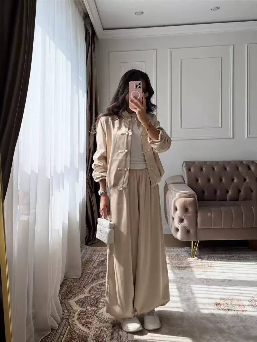 Stand Collar Jacket and Flowing Pants Set – Beige