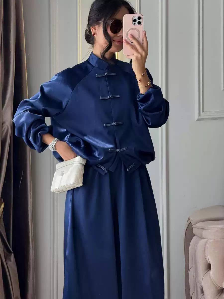 Stand Collar Jacket and Flowing Pants Set – Navy