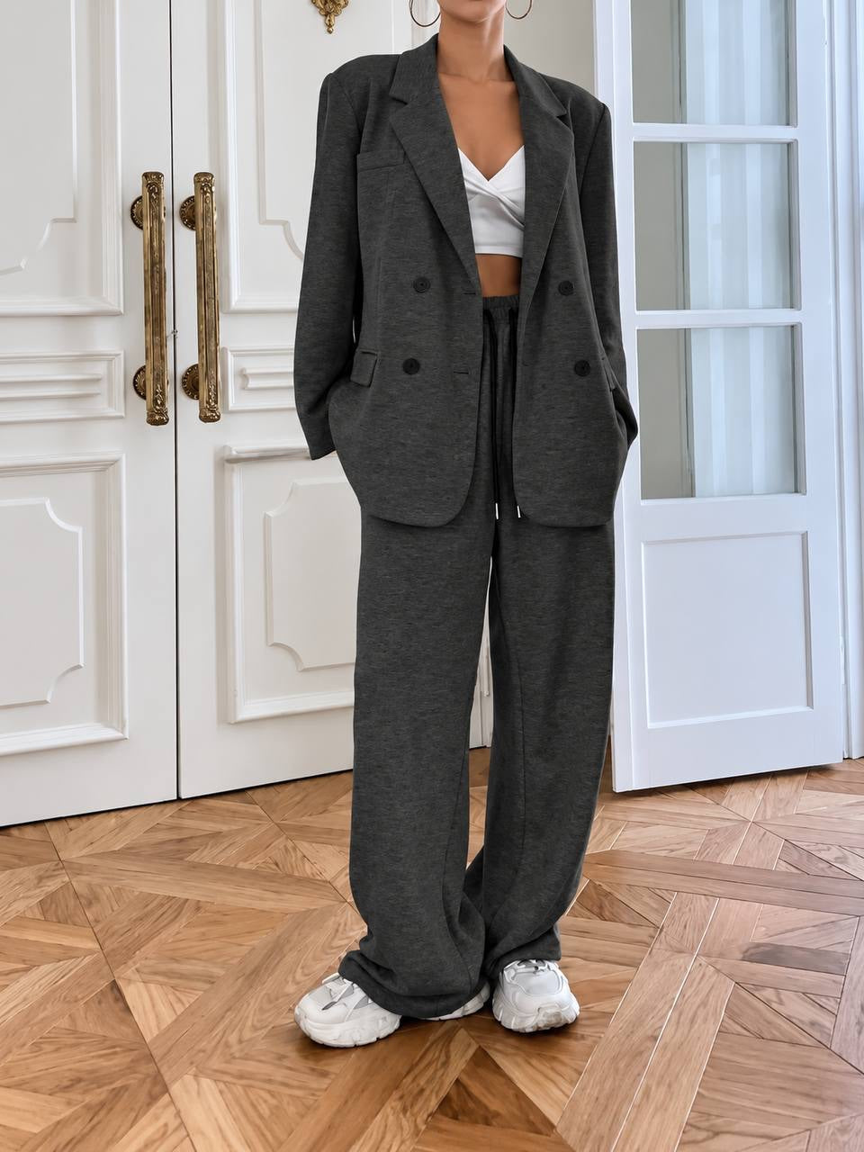 Relaxed Notched-Lapel Blazer and Wide-Leg Pants Set – Charcoal Grey