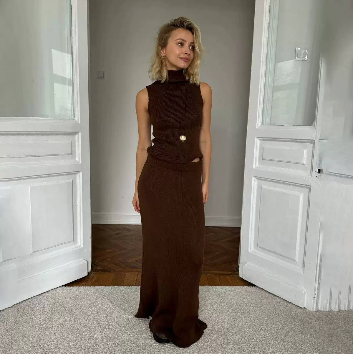 Textured High-Neck Two-Piece Top and Maxi Skirt Set – Brown