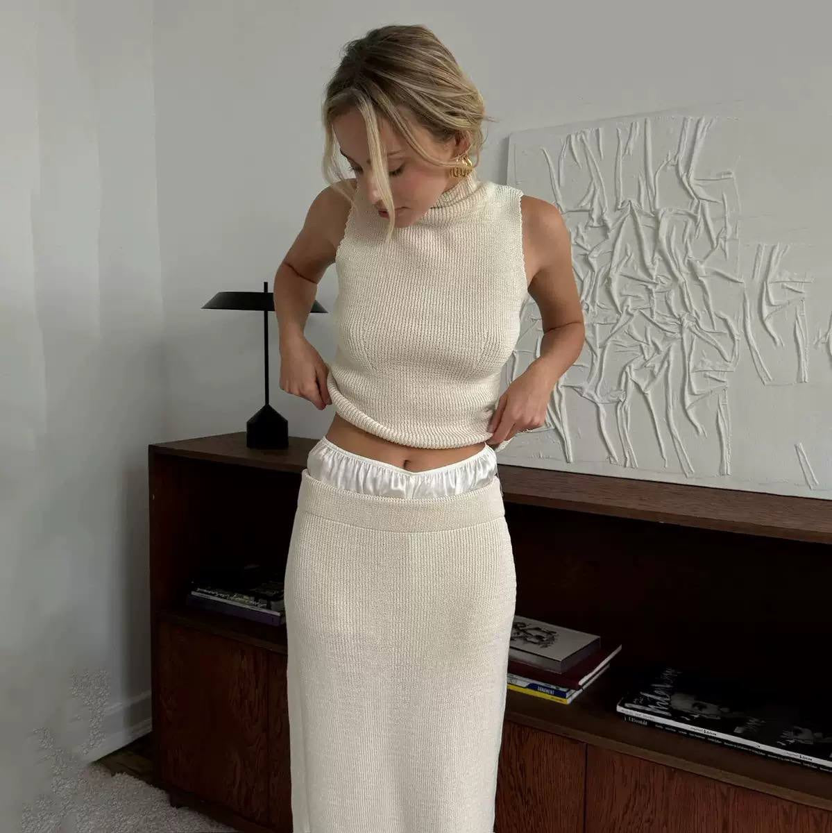 Textured High-Neck Two-Piece Top and Maxi Skirt Set – Cream