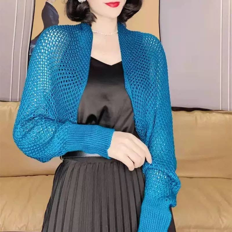 Balloon Sleeve Open-Front Cardigan With Cropped Shrug Silhouette – Blue