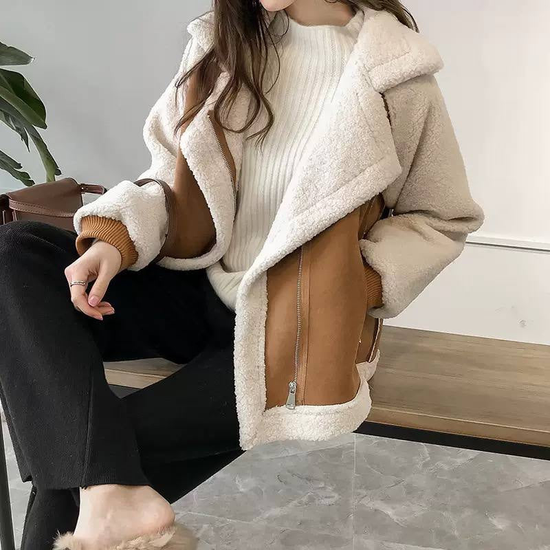 Contrast Texture Jacket With Statement Lapels And Zip Pockets – Tan