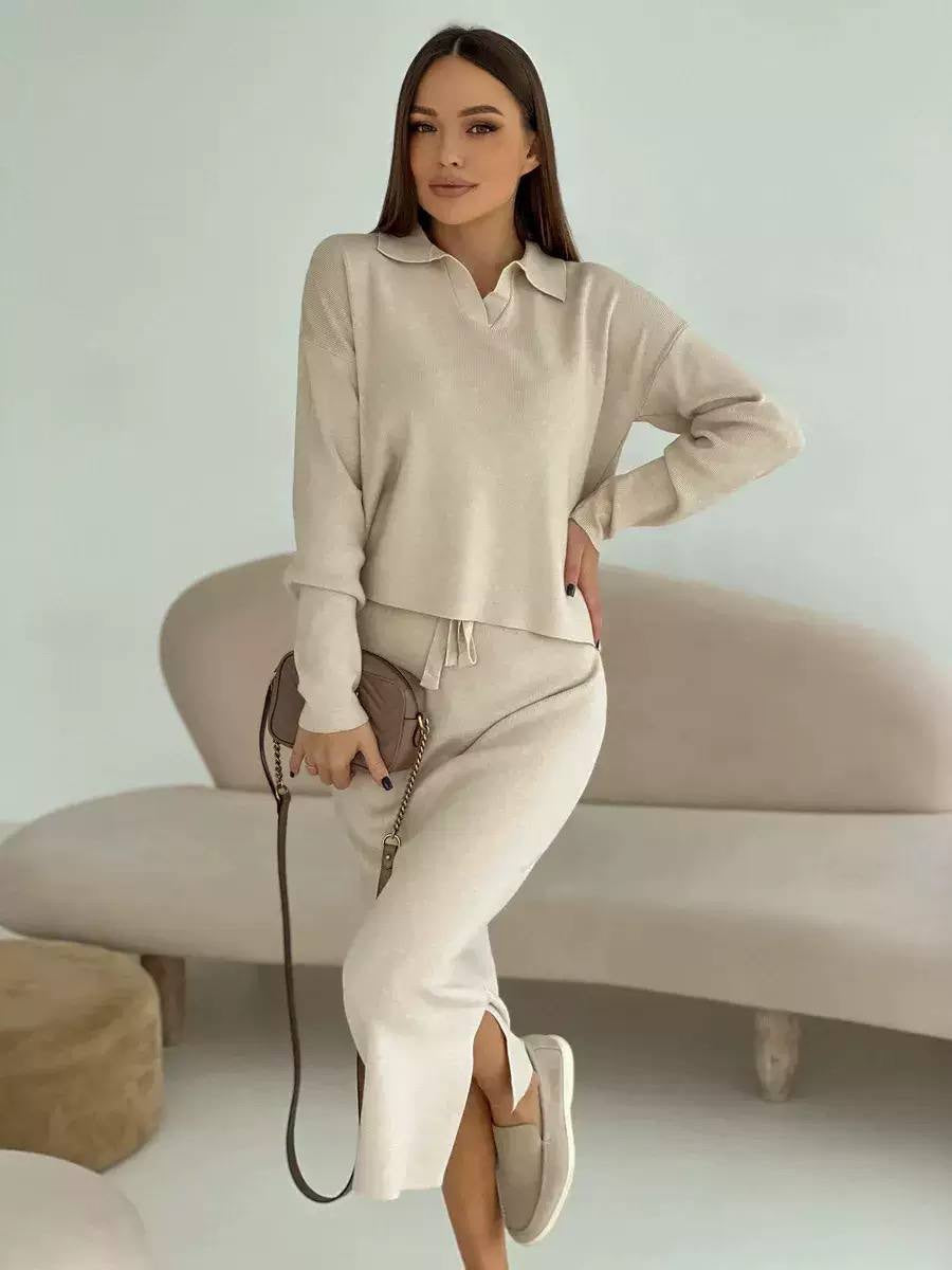 Relaxed V-Neck Sweater and Side-Slit Midi Skirt Set – Cream