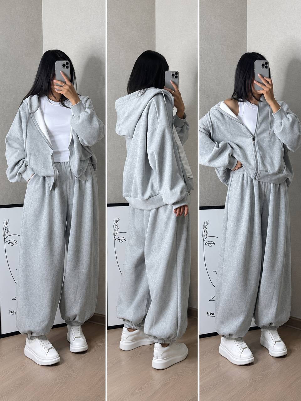 Zip-Front Hooded Set With Voluminous Cuffed Pants – Grey