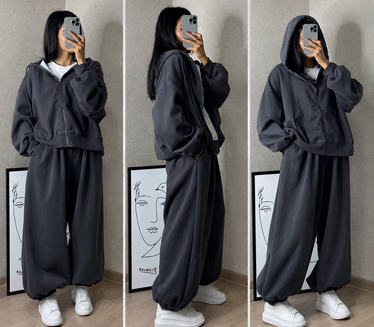 Zip-Front Hooded Set With Voluminous Cuffed Pants – Charcoal