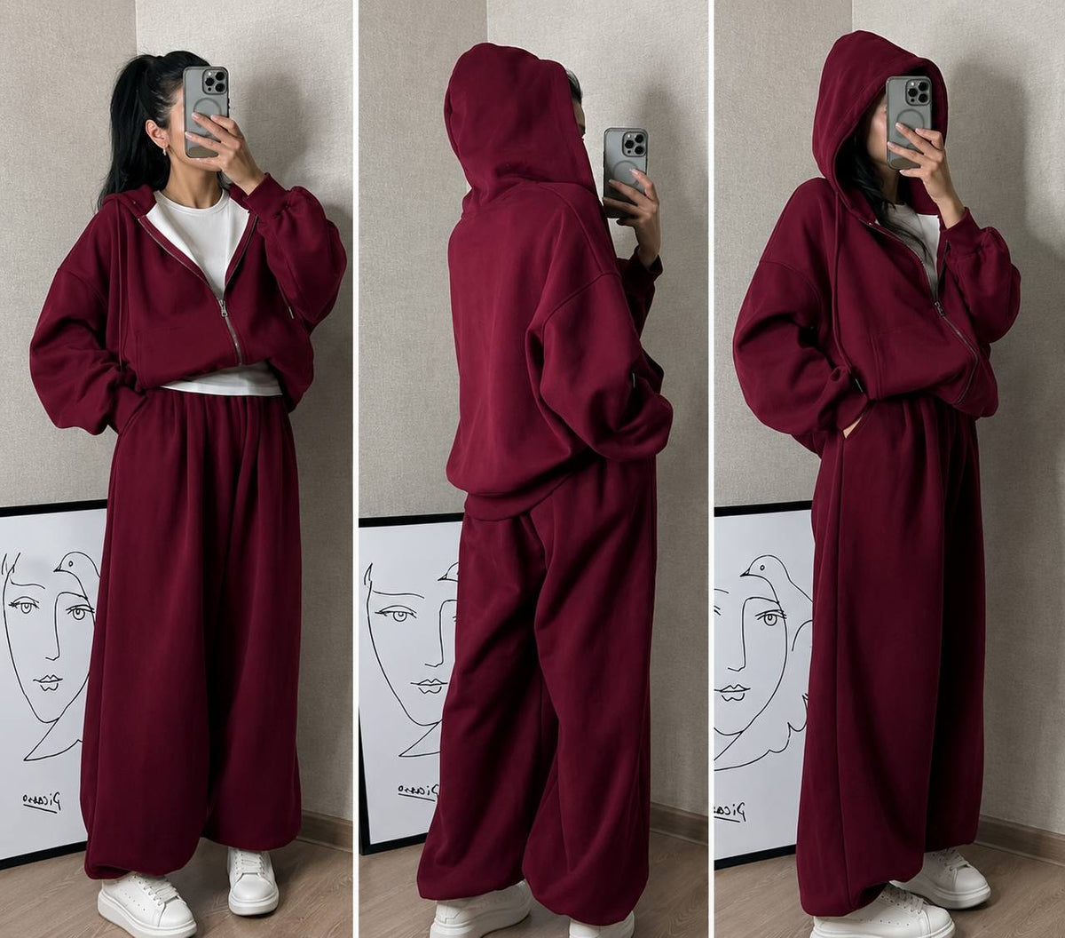Zip-Front Hooded Set With Voluminous Cuffed Pants – Burgundy