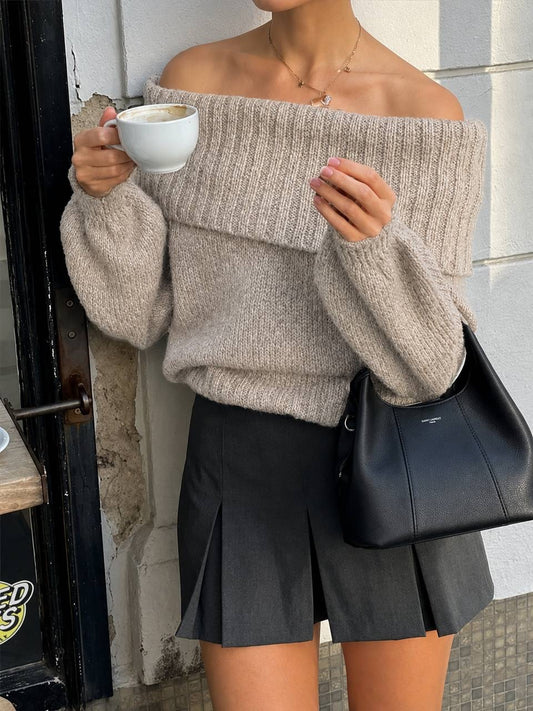 Relaxed Off-Shoulder Sweater With Wide Ribbed Collar – Beige
