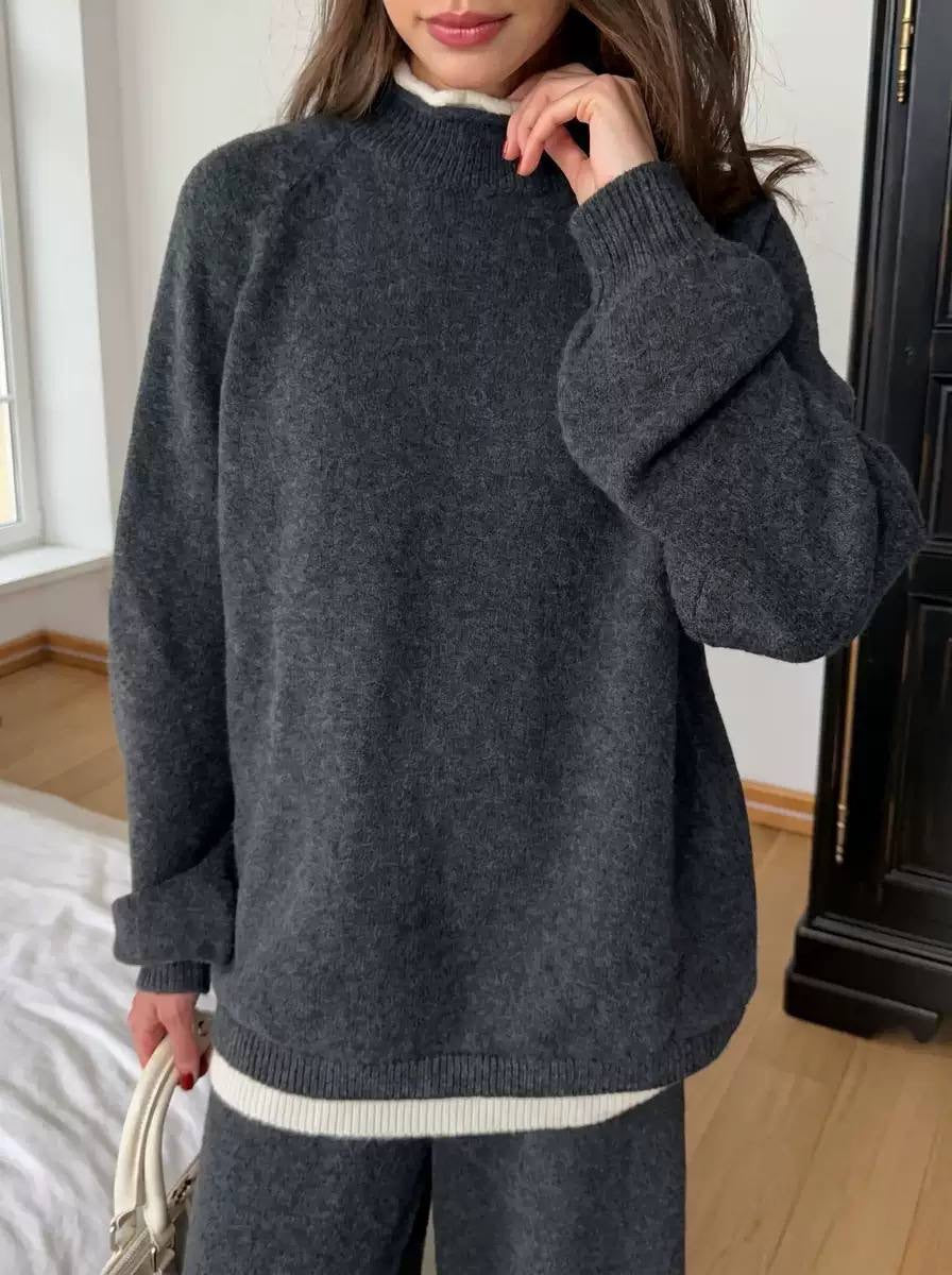 Round Neck Sweater Set With Wide-Leg Pants – Charcoal Grey