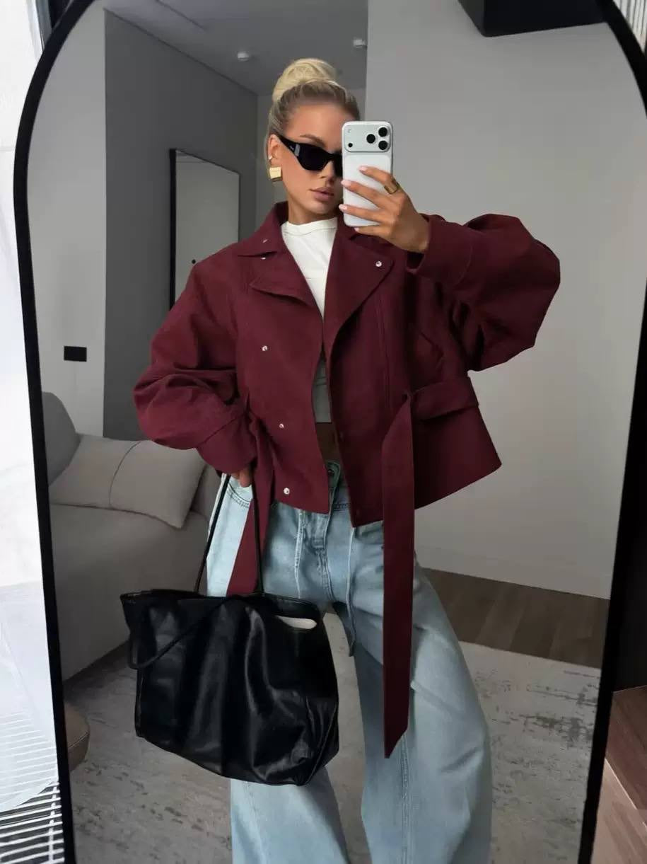 Balloon Sleeve Tie-Waist Jacket With Wide Cuffs – Burgundy