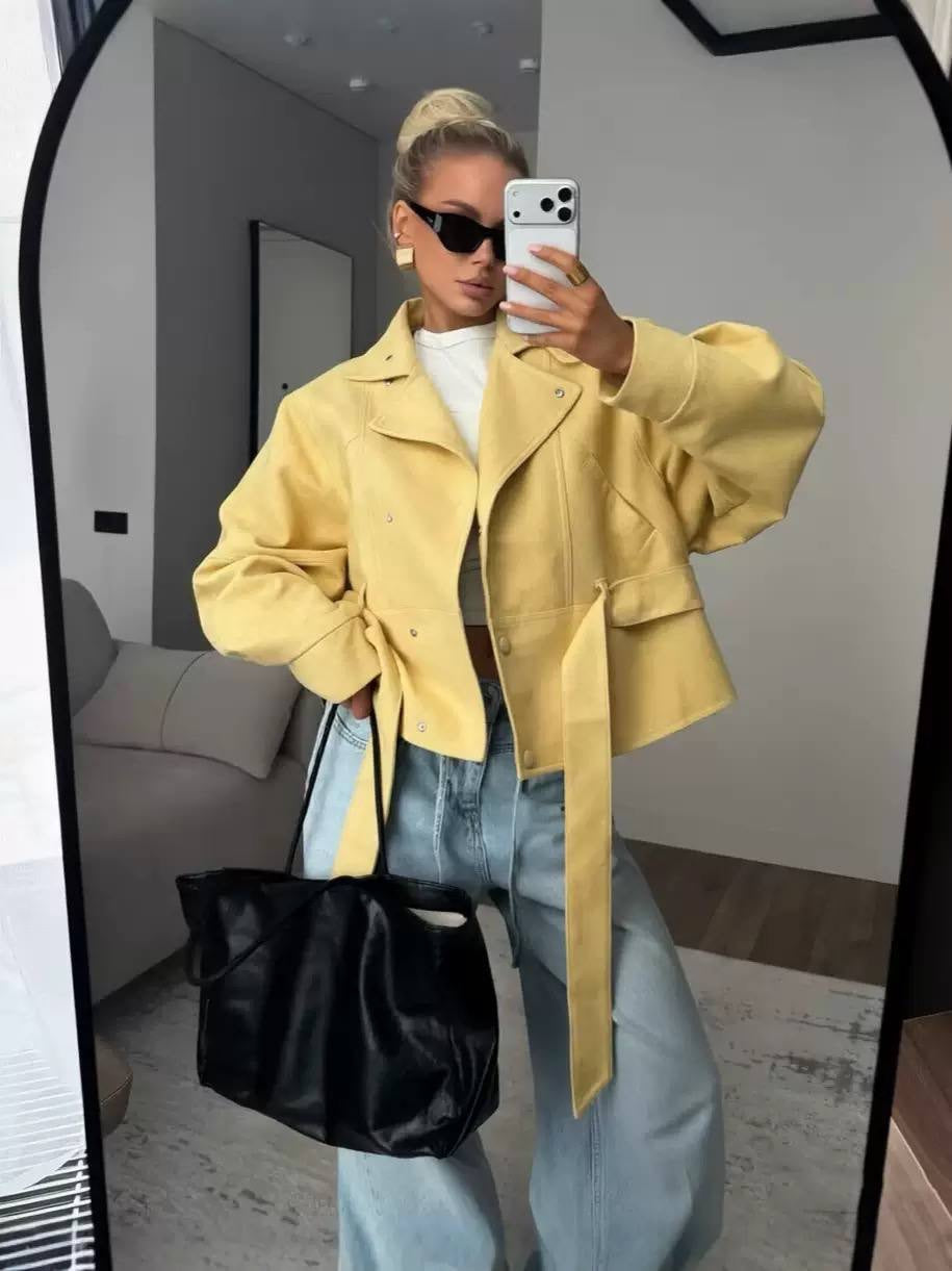 Balloon Sleeve Tie-Waist Jacket With Wide Cuffs – Yellow