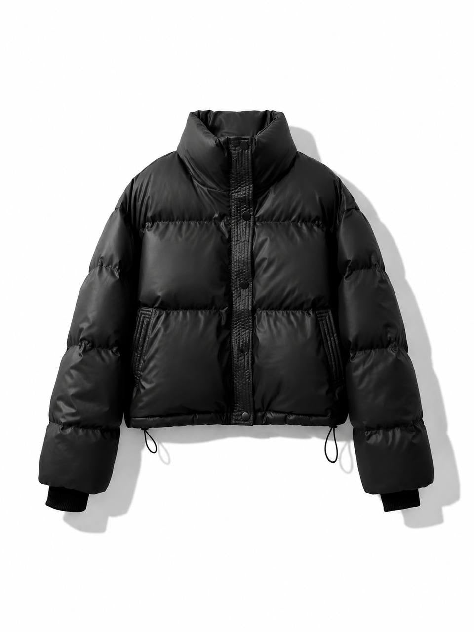 Quilted Puffer Jacket With Drawstring Hem And Pockets – Black
