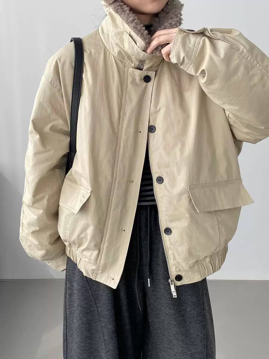 Gathered-Hem Bomber Jacket With Oversized Curly Collar – Beige