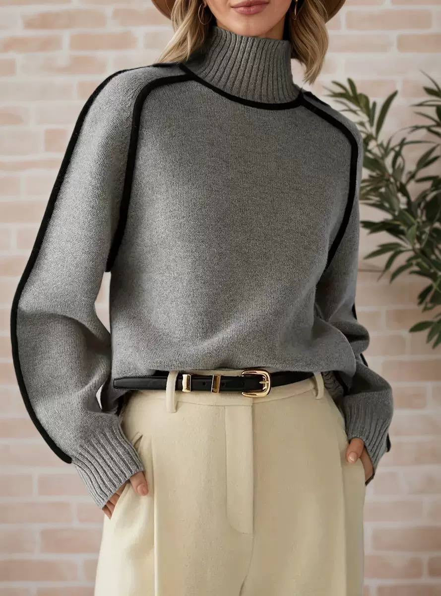 High-Neck Sweater With Balloon Sleeves And Contrast Outlines – Grey