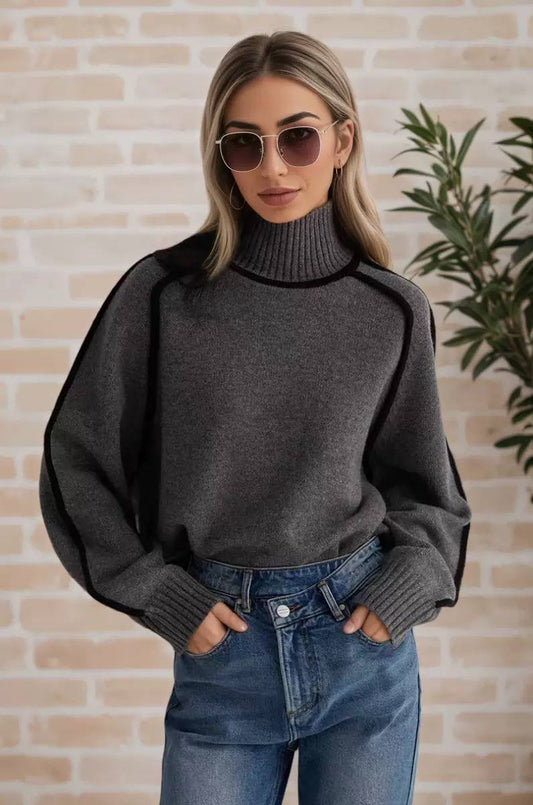 High-Neck Sweater With Balloon Sleeves And Contrast Outlines – Dark Grey