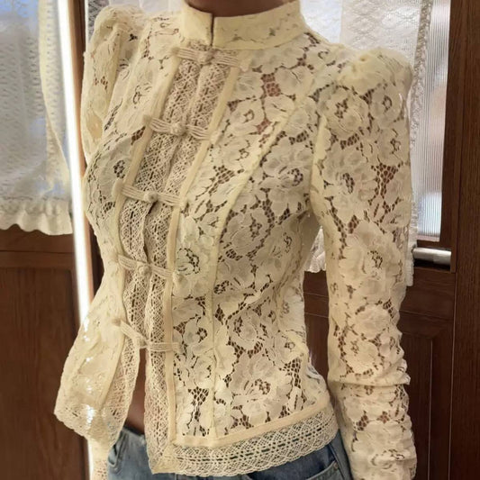 High Neck Floral Lace Blouse With Sculpted Shoulders – Cream