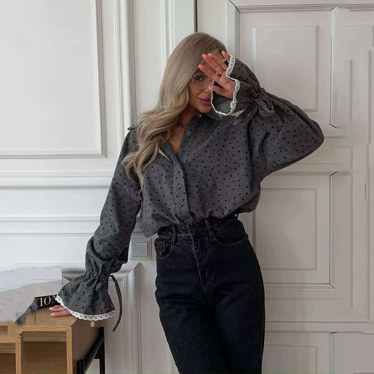 Heart Print Blouse With Lace-Trimmed Tie Cuffs – Grey Heart Print