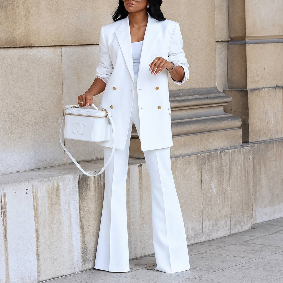 Double-Breasted Longline Blazer and Flared Pants Set – White