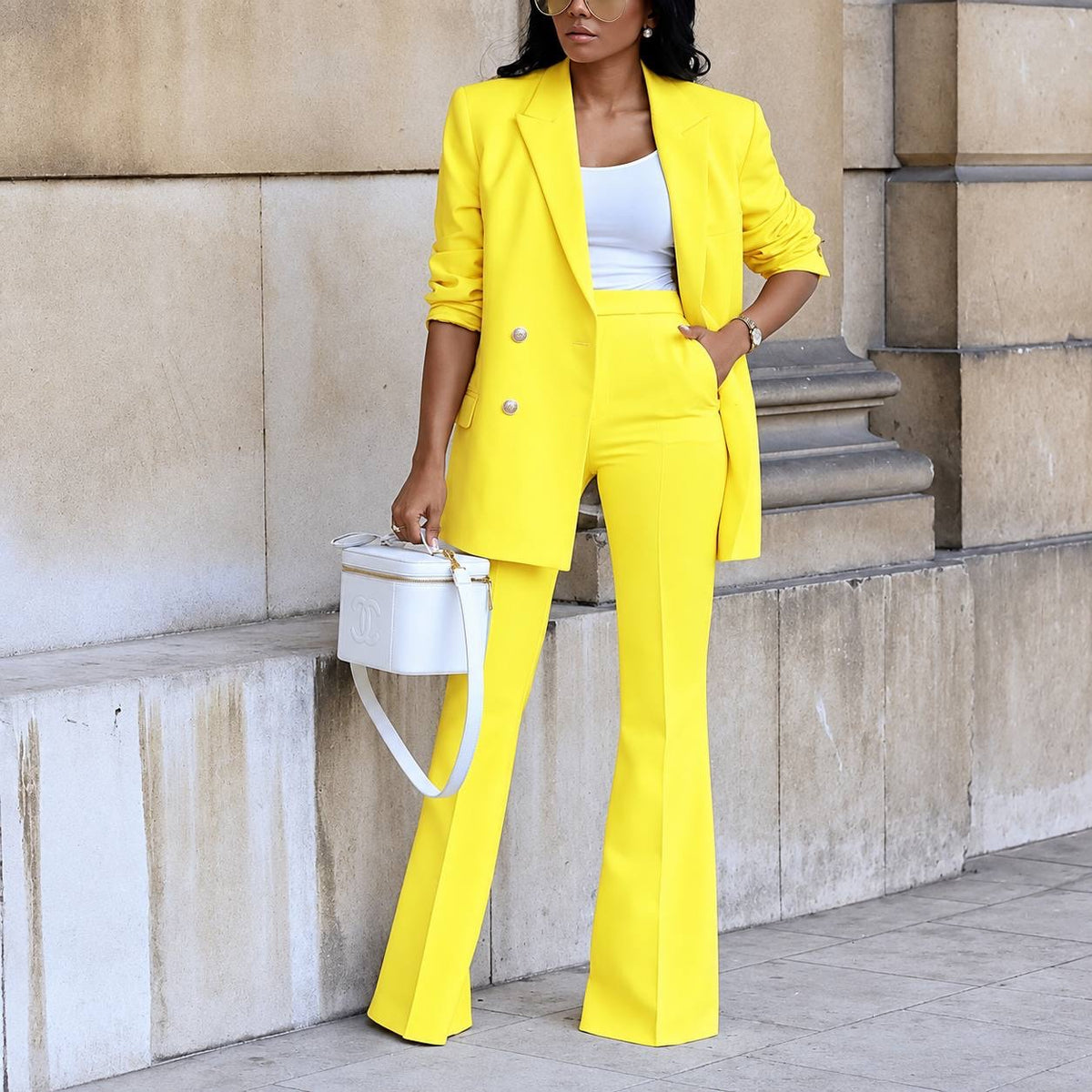 Double-Breasted Longline Blazer and Flared Pants Set – Yellow