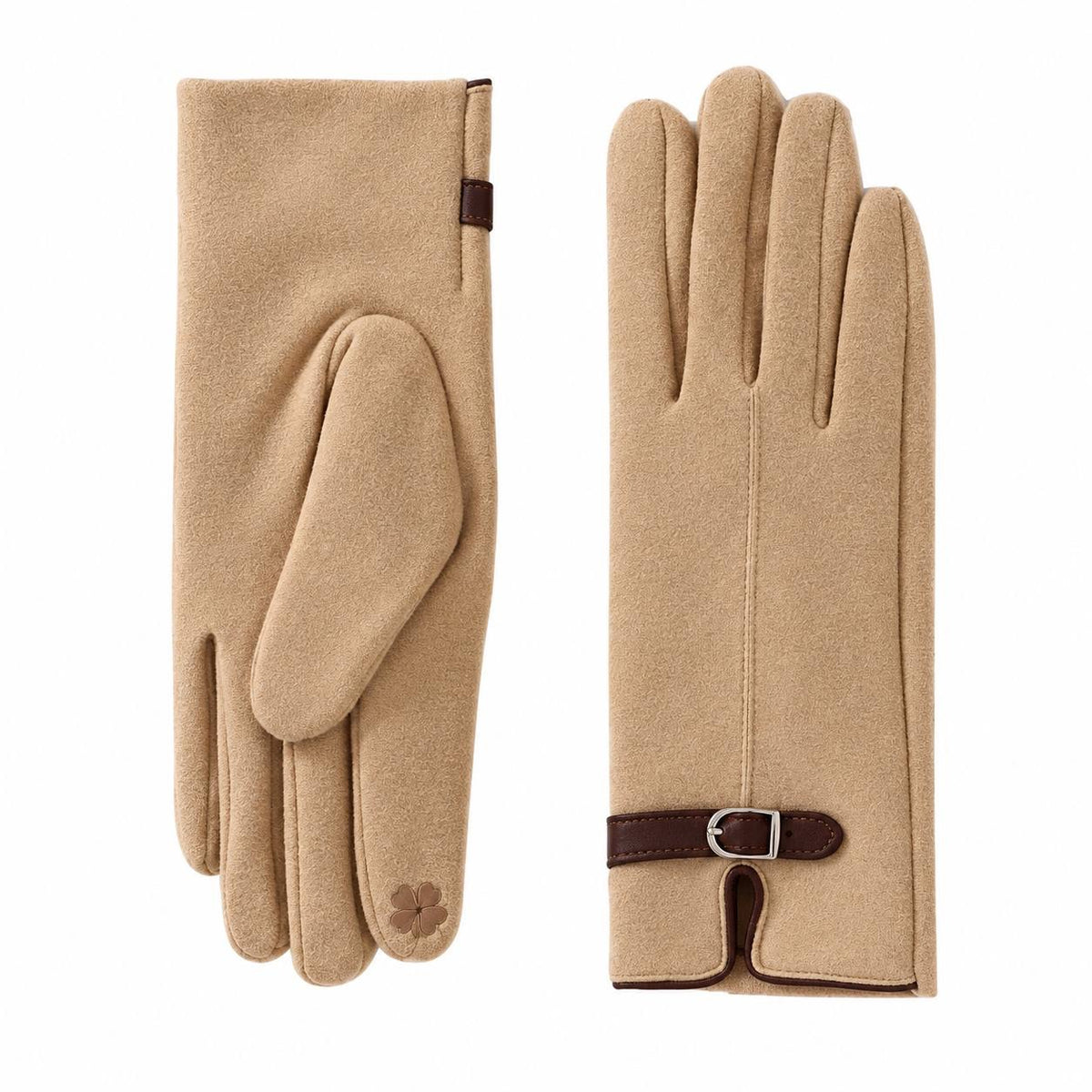 Contrast Buckle Strap Gloves With Center Seams – Camel