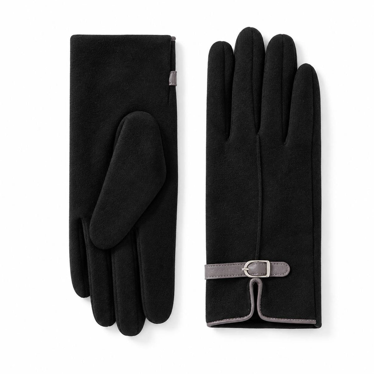 Contrast Buckle Strap Gloves With Center Seams – Black