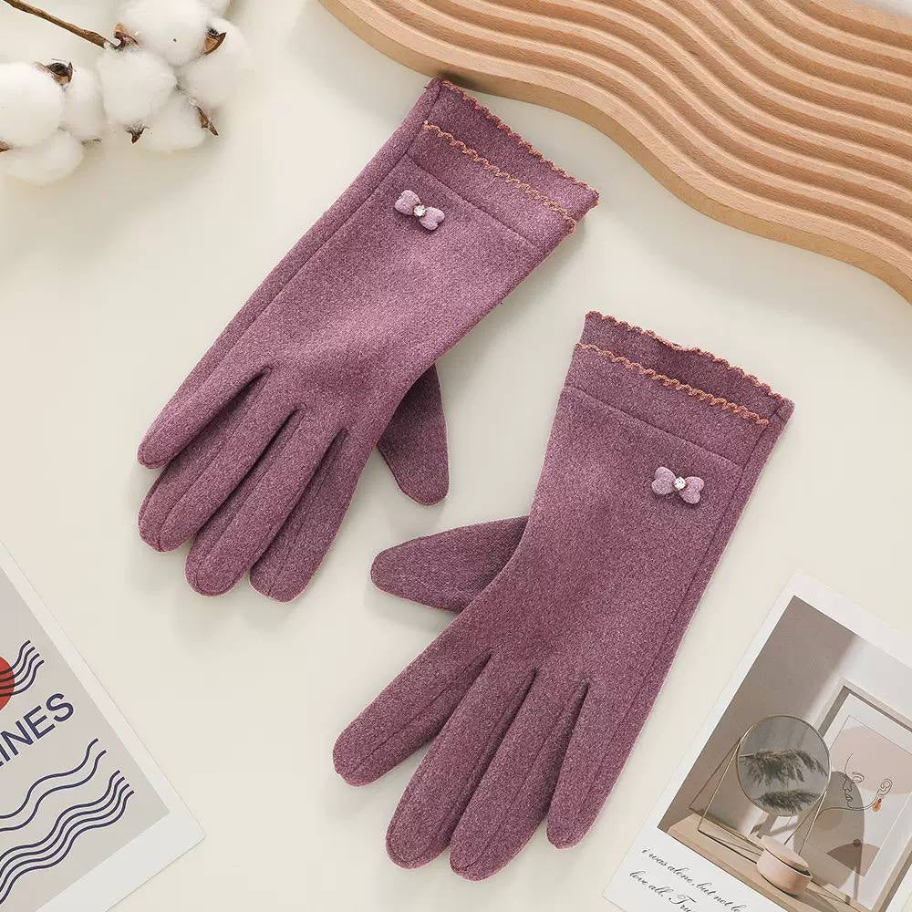 Full-Finger Gloves With Bow Accents And Scalloped Trim – Purple