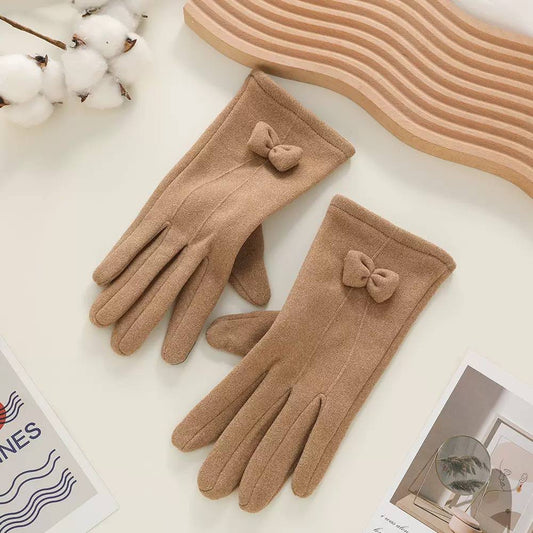 Bow-Accented Full-Finger Gloves With Neatly Stitched Cuffs – Camel