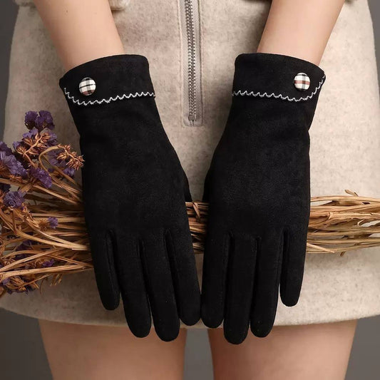 Plaid-Accented Gloves With Folded Cuffs And Zigzag Stitching – Black