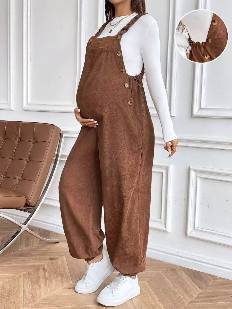 Maternity Bib Jumpsuit With Gathered Straps And Cuffed Legs – Brown