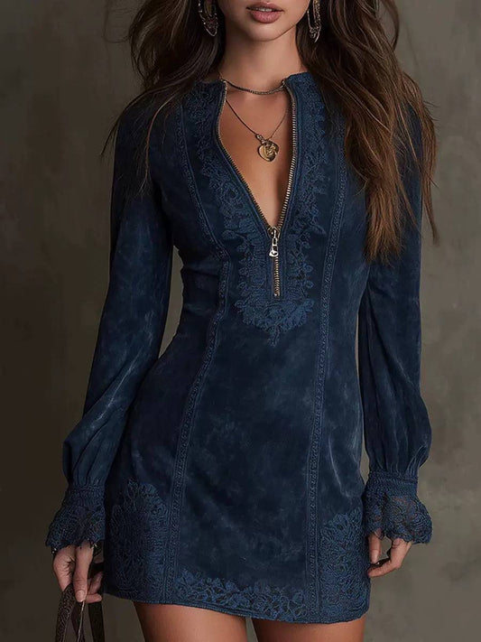 Fitted Mini Dress With Embroidery And Scalloped Cuffs – Navy