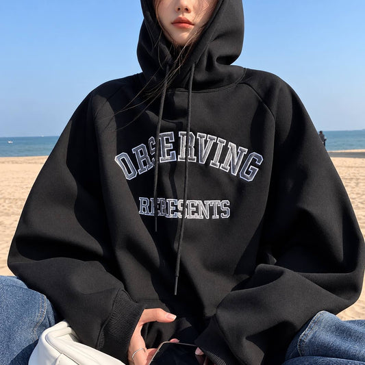Collegiate Graphic Pullover Hoodie With Relaxed Raglan Sleeves – Black
