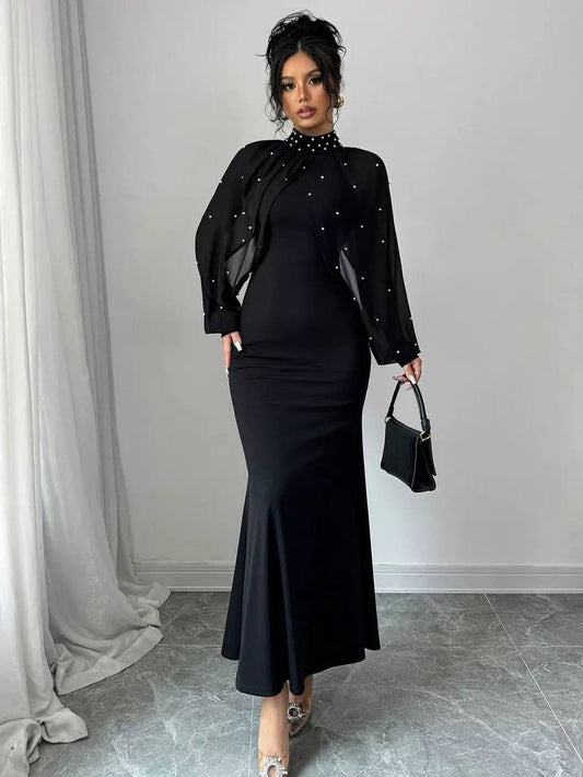 Fitted Maxi Dress With Embellished Draped Sleeves – Black