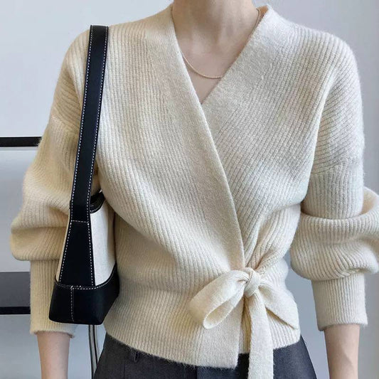 Balloon Sleeve Wrap Cardigan With Ribbing And Side Tie – Cream