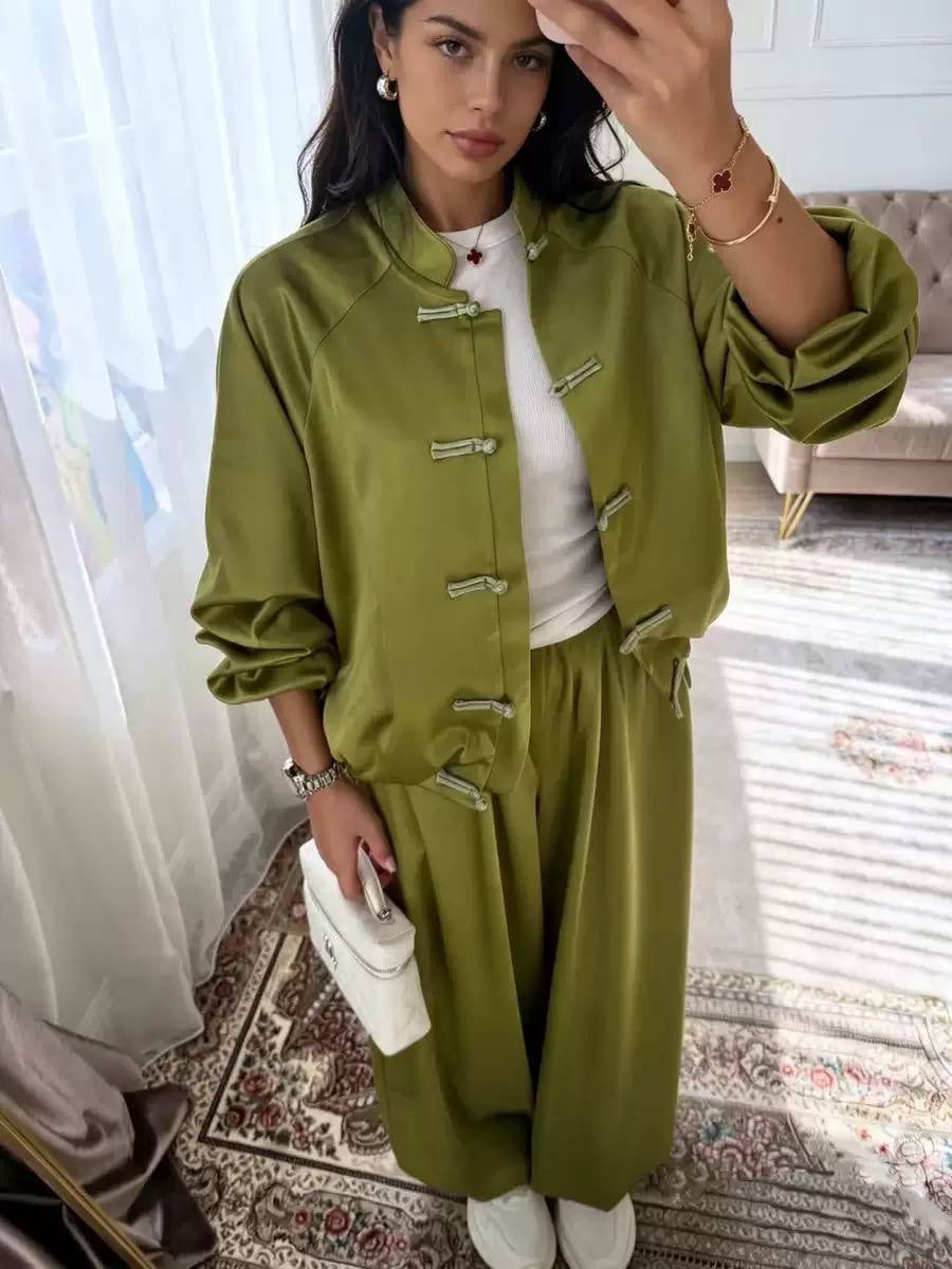 Stand Collar Jacket and Flowing Pants Set – Olive Green