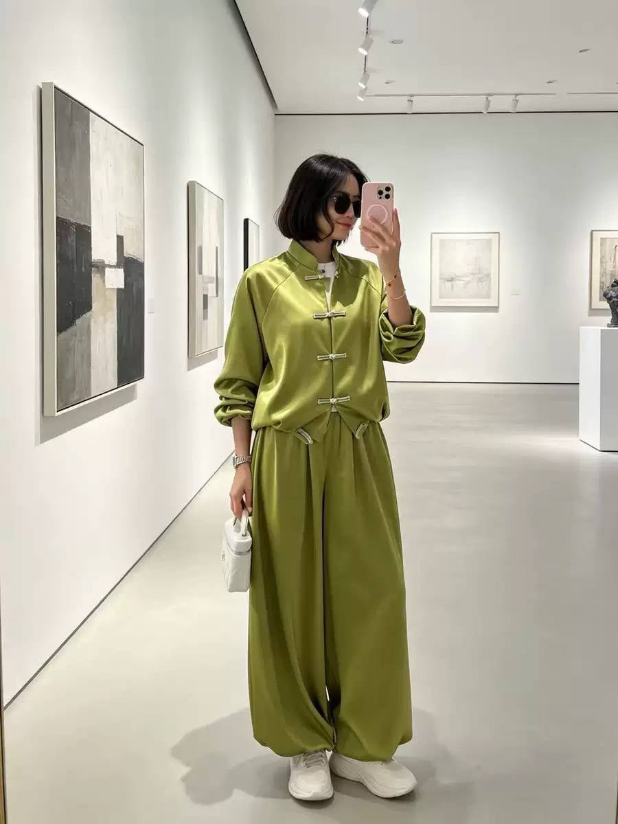 Stand Collar Jacket and Flowing Pants Set – Olive Green