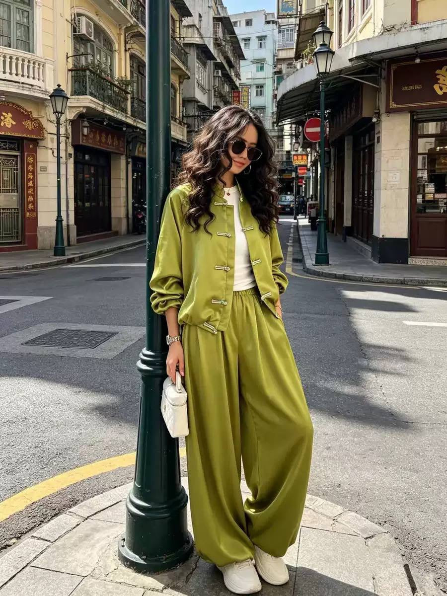 Stand Collar Jacket and Flowing Pants Set – Olive Green