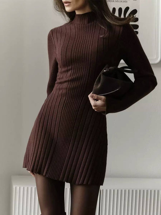 Fit and Flare Mini Dress With Ribbed Detailing – Brown