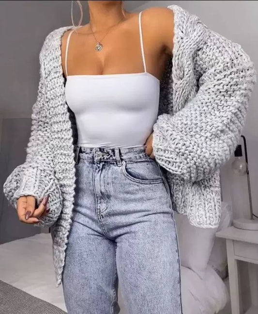 Balloon Sleeve Cardigan With Chunky Knit Ribbed Trim – Light Grey