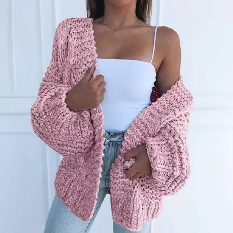 Balloon Sleeve Cardigan With Chunky Knit Ribbed Trim – Pink