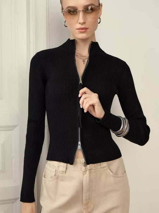 Long Sleeve Ribbed Cardigan With Two-Way Zipper – Black