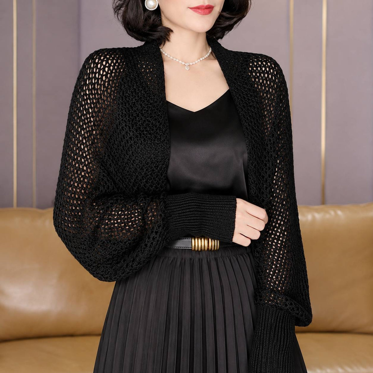 Balloon Sleeve Open-Front Cardigan With Cropped Shrug Silhouette – Black