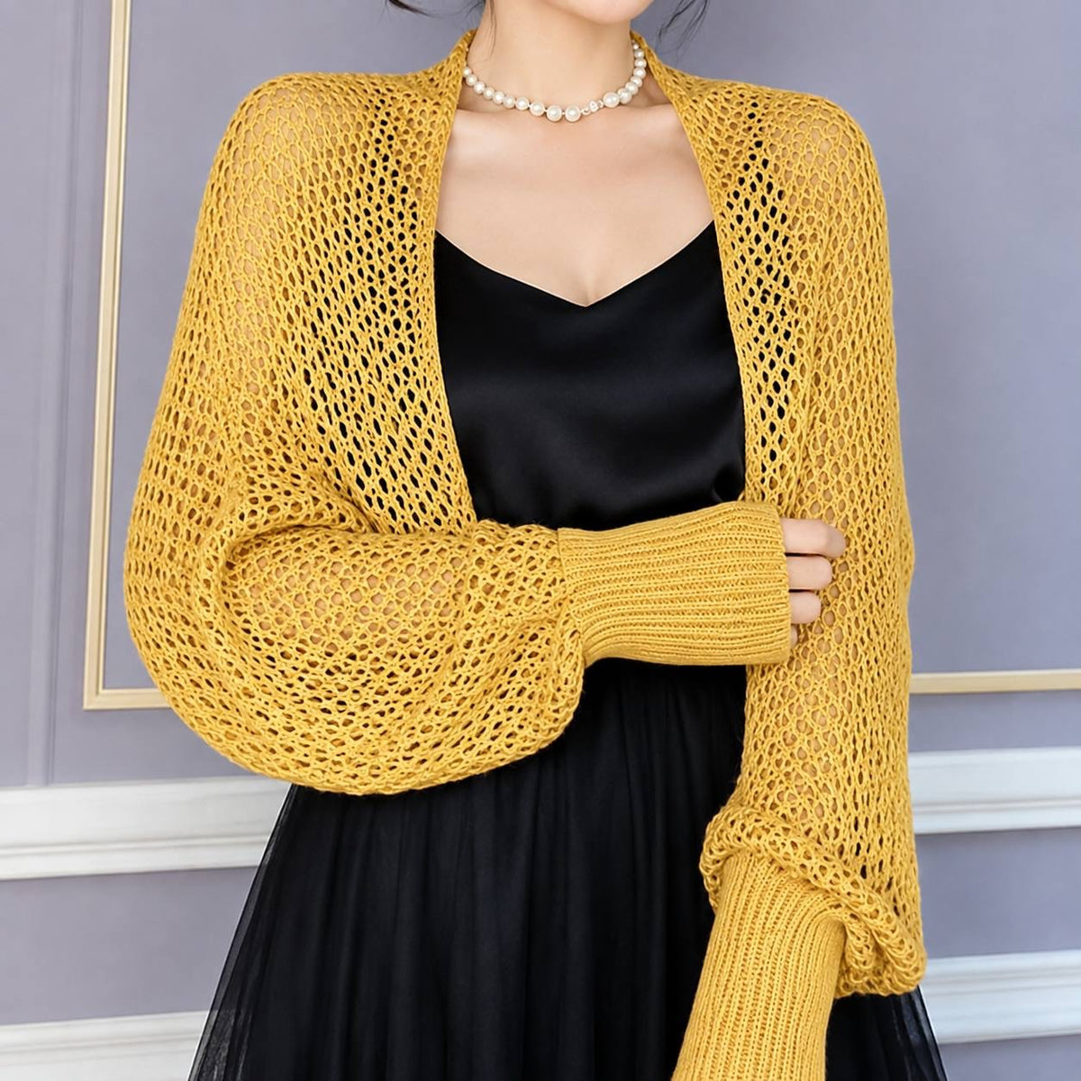 Balloon Sleeve Open-Front Cardigan With Cropped Shrug Silhouette – Mustard Yellow