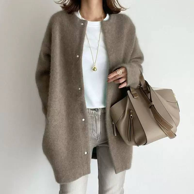 Textured Longline Cardigan With Snap Closure And Long Sleeves – Taupe