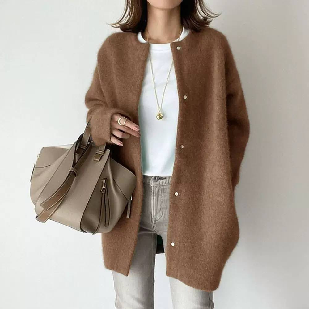 Textured Longline Cardigan With Snap Closure And Long Sleeves – Brown