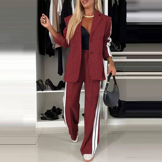 Notched Lapel Blazer Set With Side-Stripe Pants – Burgundy