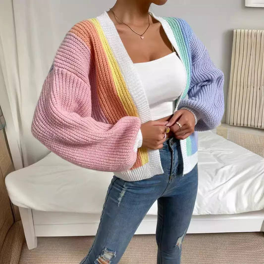 Relaxed Drop-Shoulder Cardigan With Ribbed Contrast Trim – Pastel Multicolour