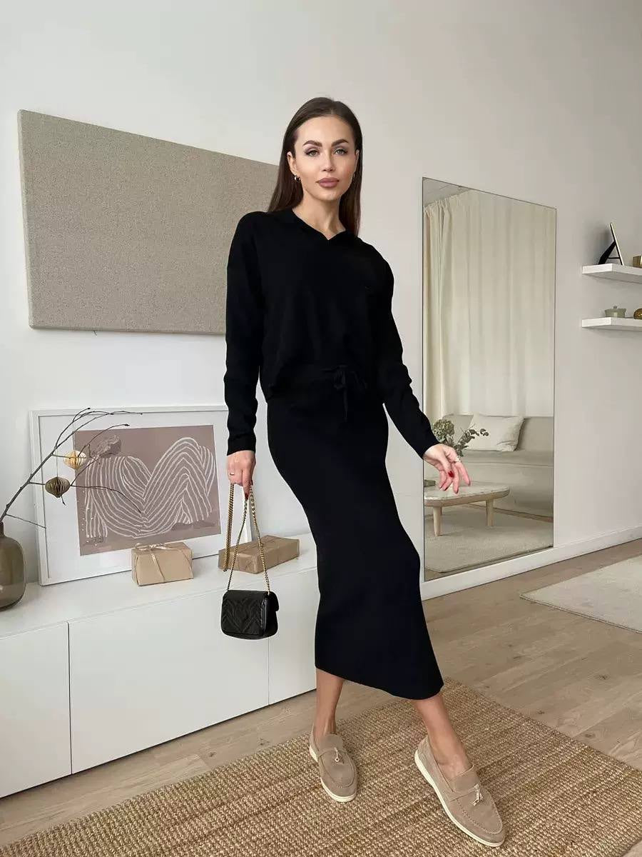 Relaxed V-Neck Sweater and Side-Slit Midi Skirt Set – Black