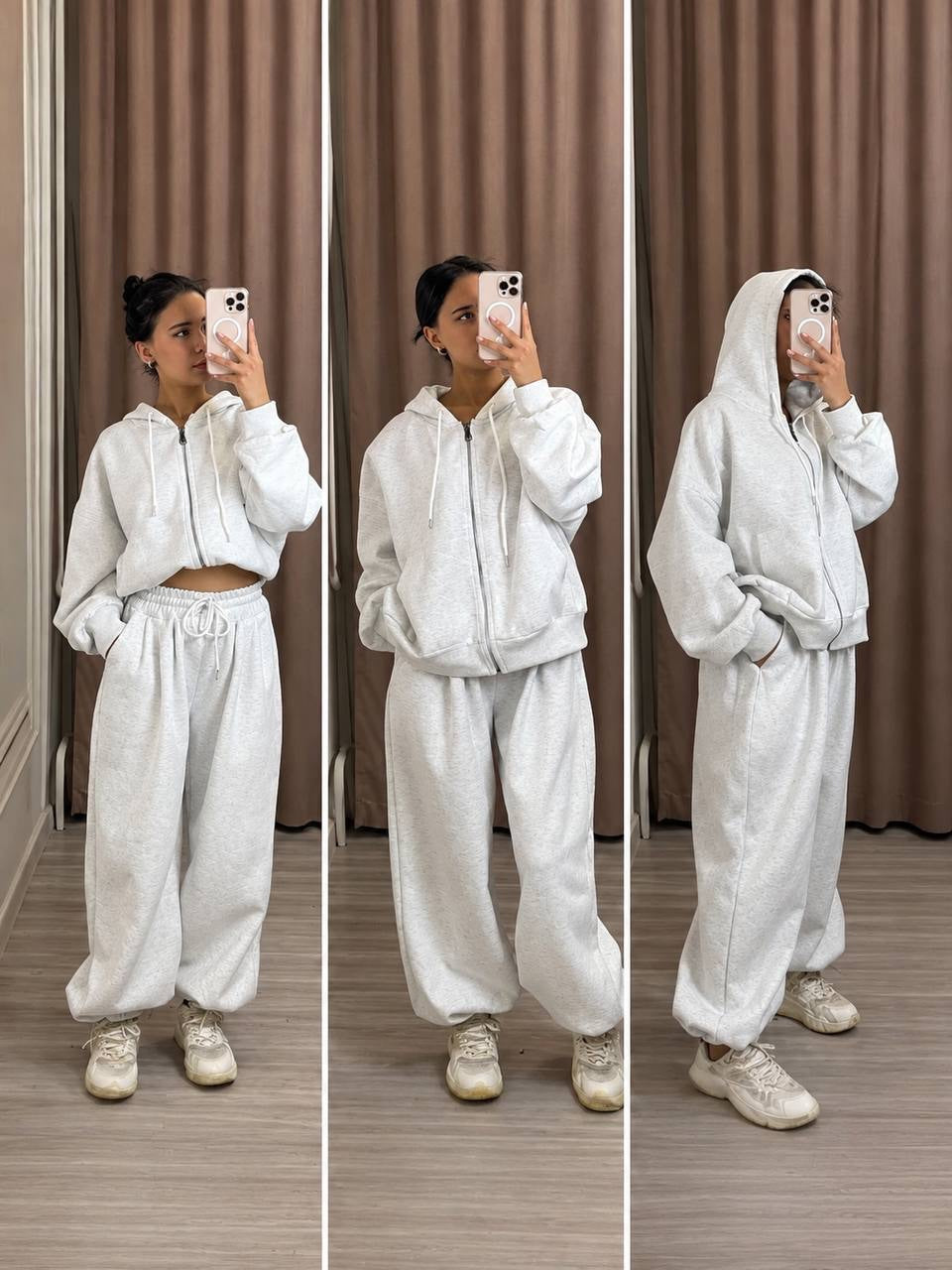 Zip-Front Hooded Set With Voluminous Cuffed Pants – White