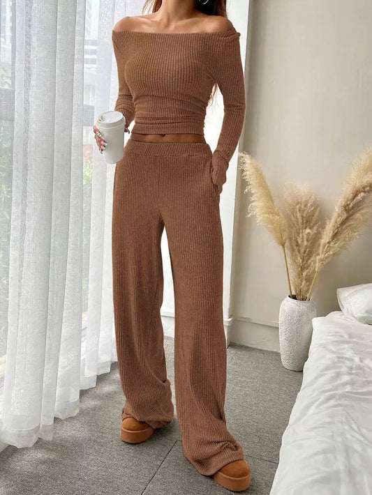 Ribbed Wide-Neck Top and Flowing Pants Set – Brown