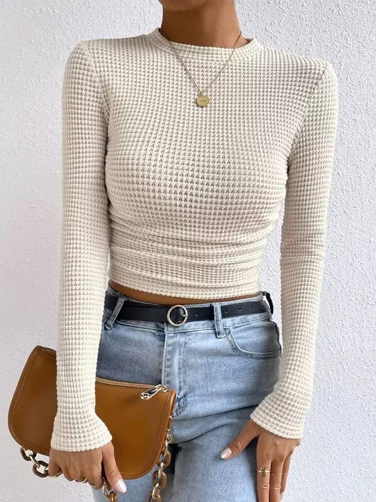 Fitted Cropped Top With Long Sleeves and Waffle Texture – Cream